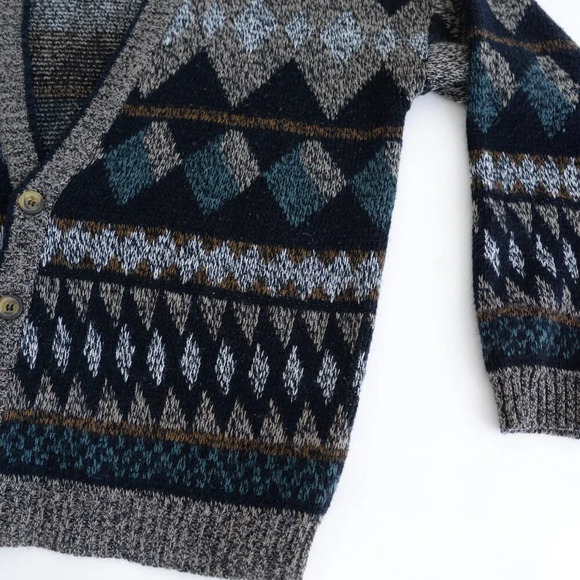 Vintage City Streets Black Brown 3D Pattern Eclectic Grandpa Cardigan Sweater L - Picture 5 of 11